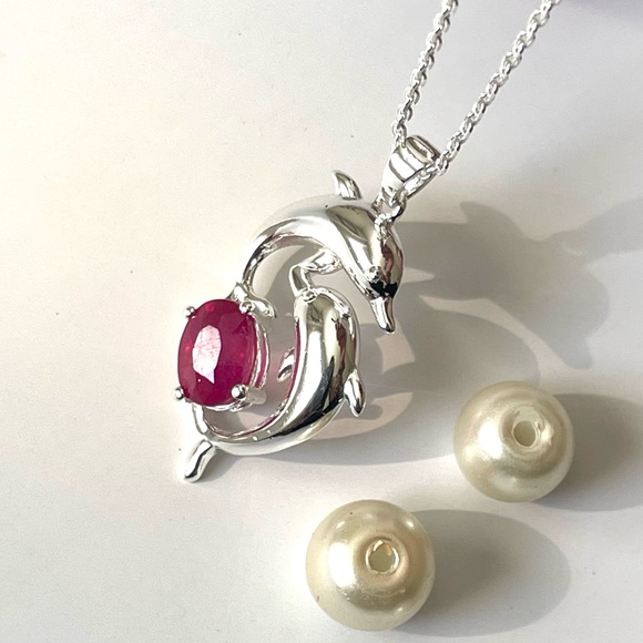 925 Sterling Silver Natural Ruby Dolphin Pendant Necklace “RoyalDelicacies” - Picture 3 of 17